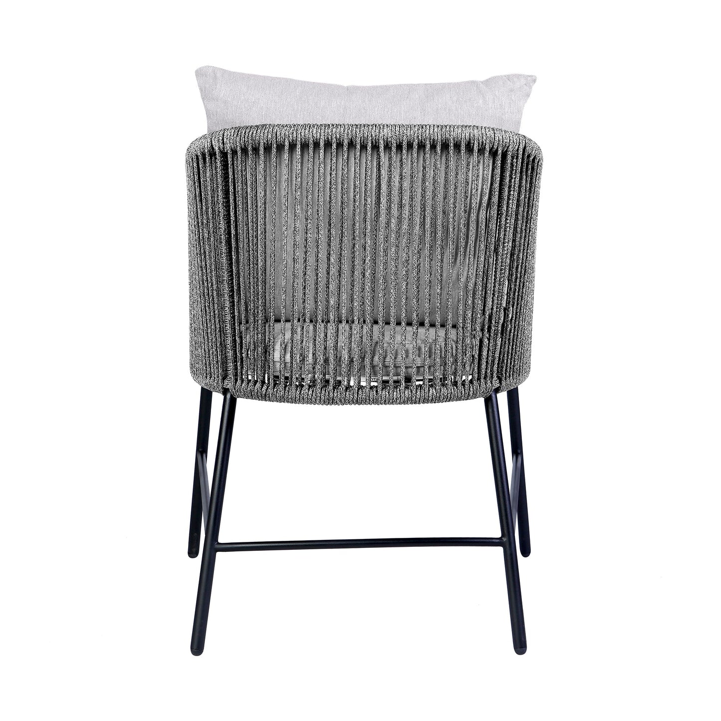 Calica Outdoor Patio Dining Chair In Black Metal And Gray Rope