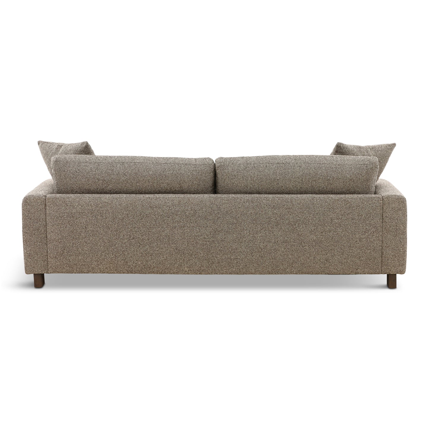 Gray fabric sofa with track arms, three back pillows, and simple wooden legs.