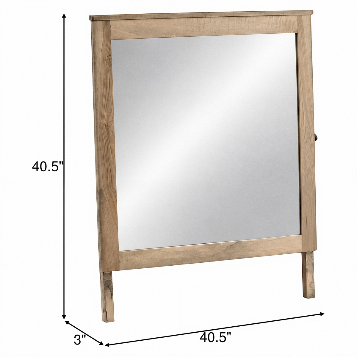 Wood-framed rectangular mirror with overall height and width measurements