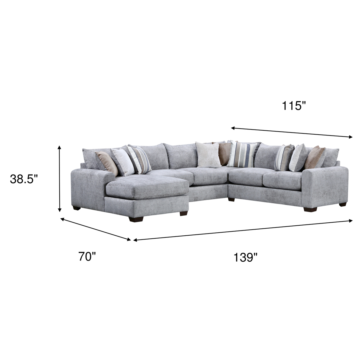 Gray sectional chaise sofa with dimensions 115"W x 139"L, 38.5"H
