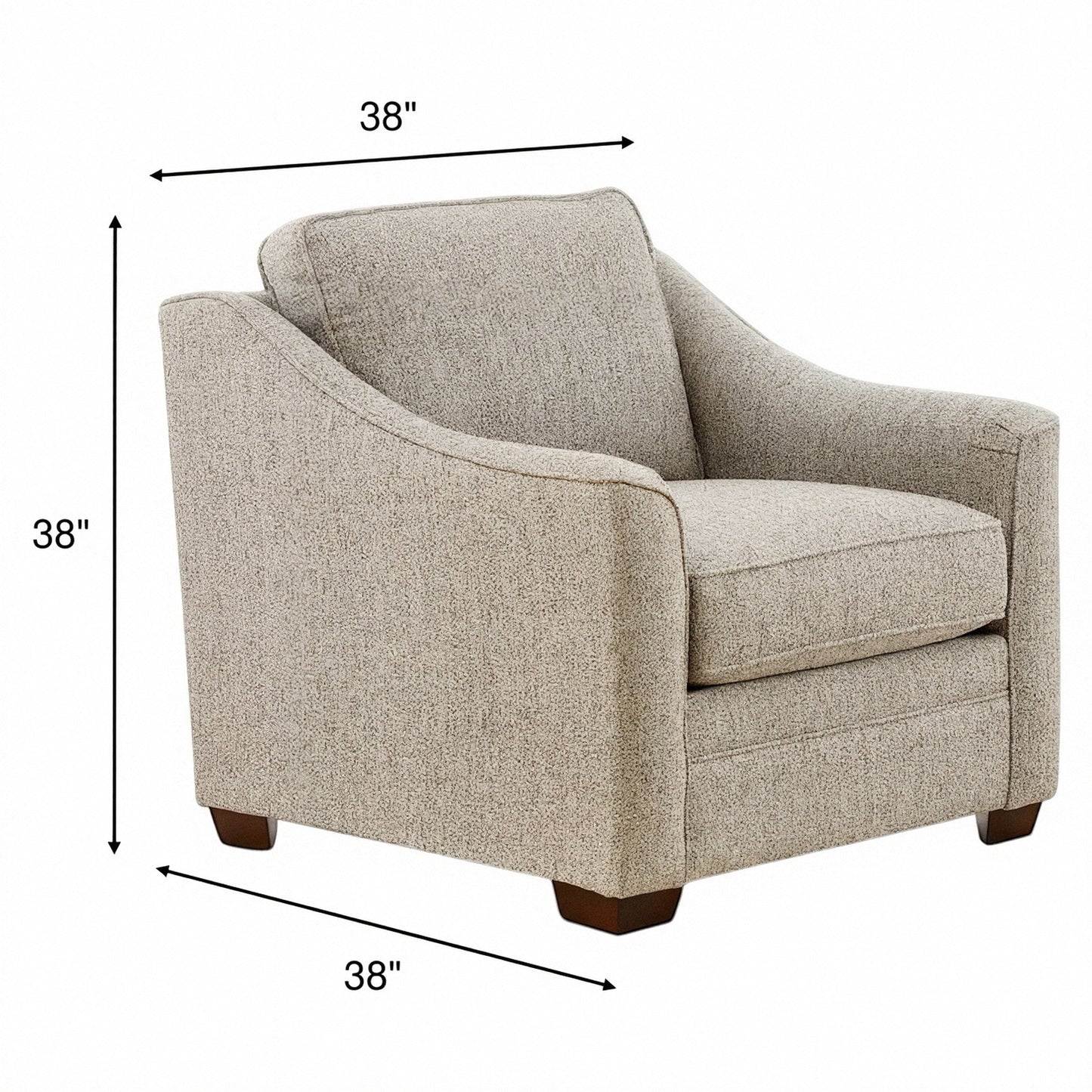 Blend-down accent chair in light beige textured fabric, rounded arms, dark brown legs