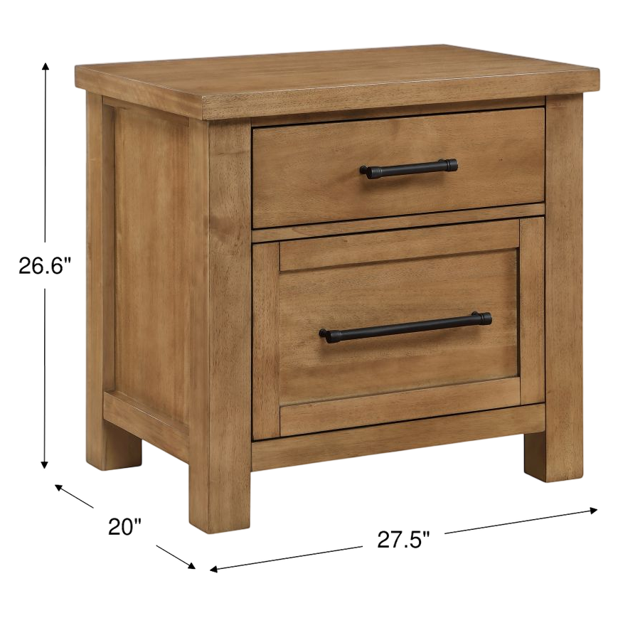 Wood nightstand with two drawers and black metal pulls