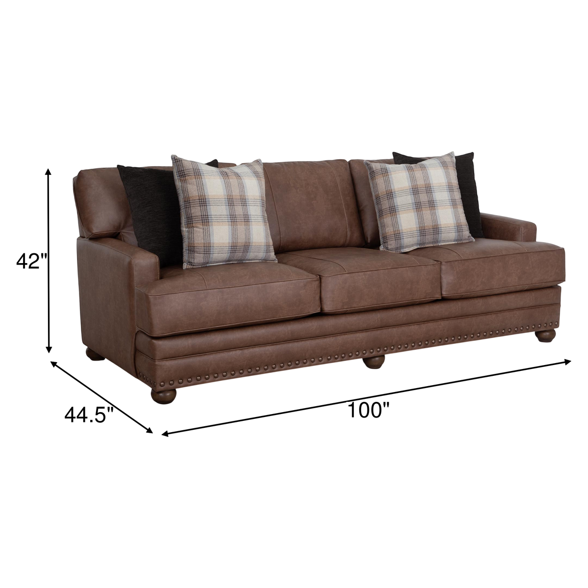 Brown Kyler sofa with plaid throw pillows and nailhead trim along base