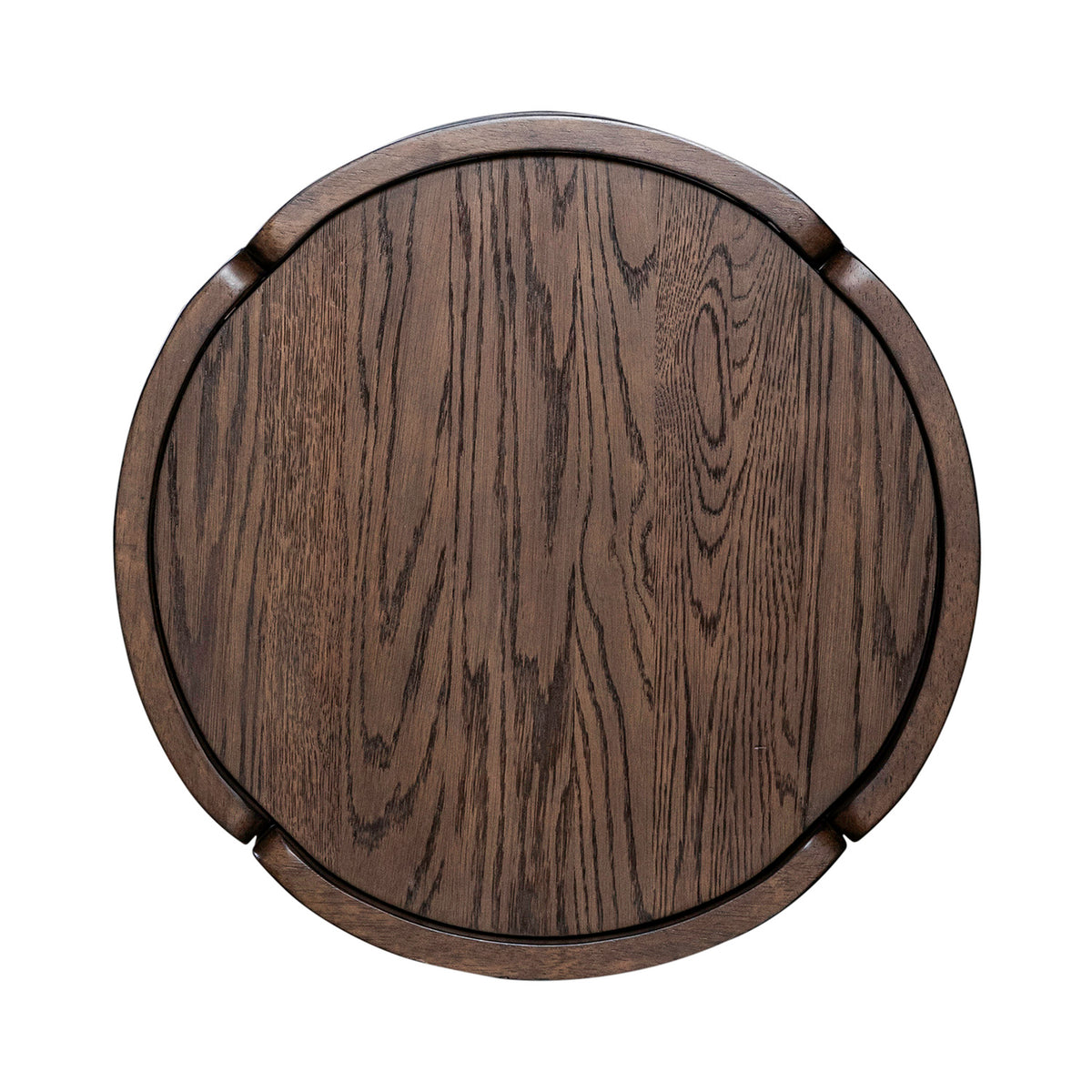 Round end table top with dark stained wood grain and curved rim