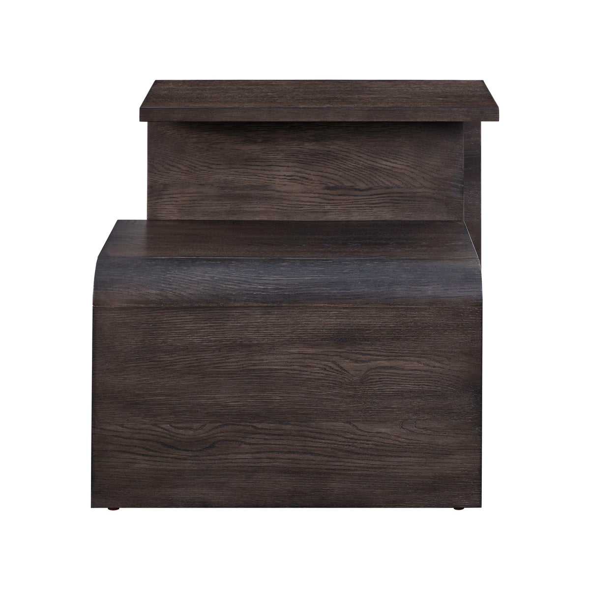 Dark wood end table front panel with open shelf detail