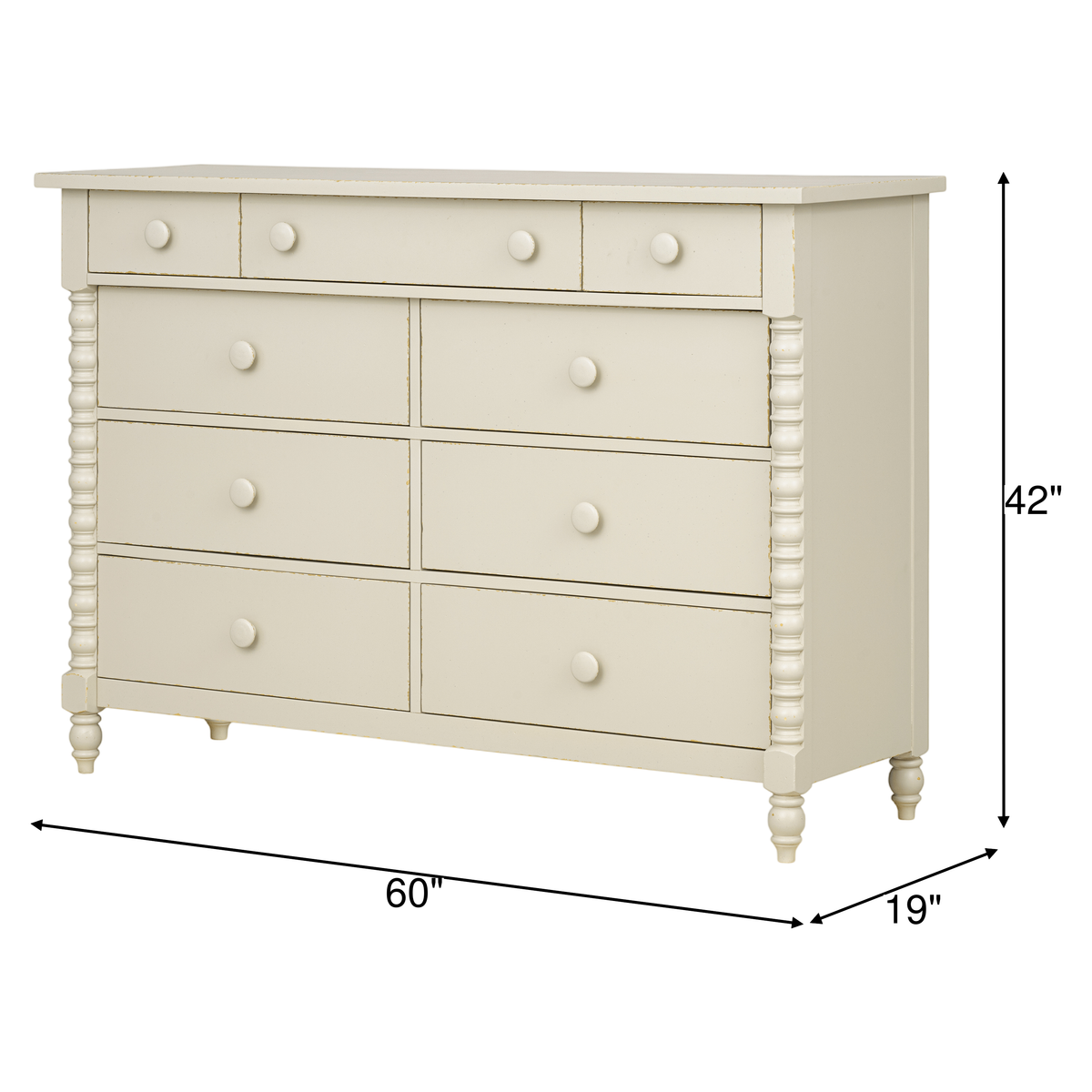 Cream dresser, 60" wide, 42" high, 19" deep, with six drawers and knobs