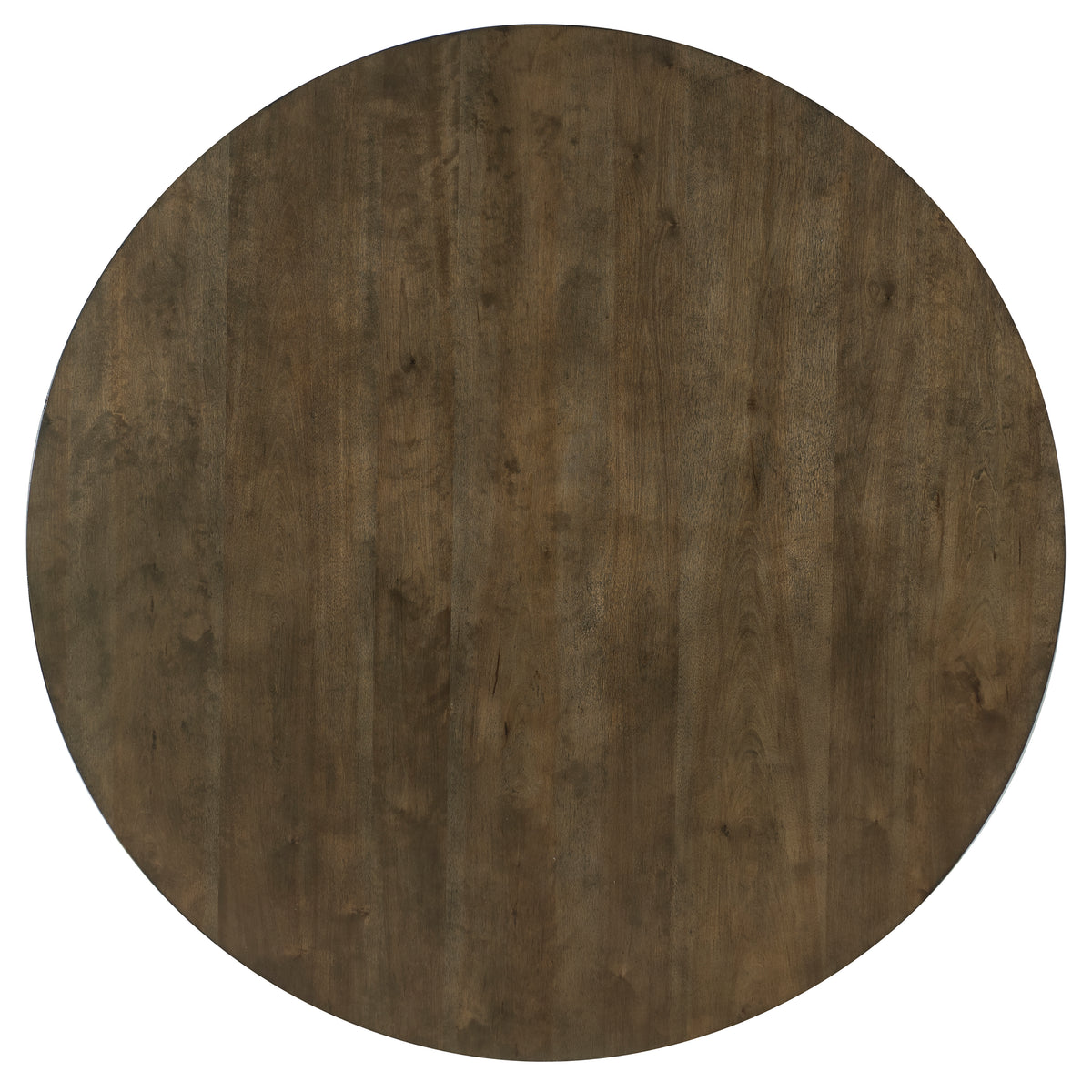 Round wooden pedestal table top, dark brown woodgrain circle