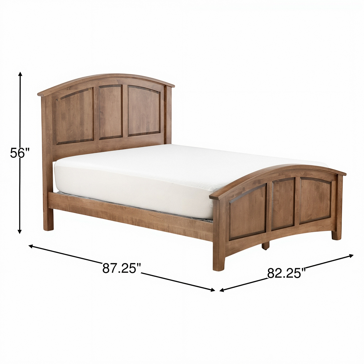 Wood bed frame with white mattress; 56"H, 87.25"L, 82.25"W dimensions