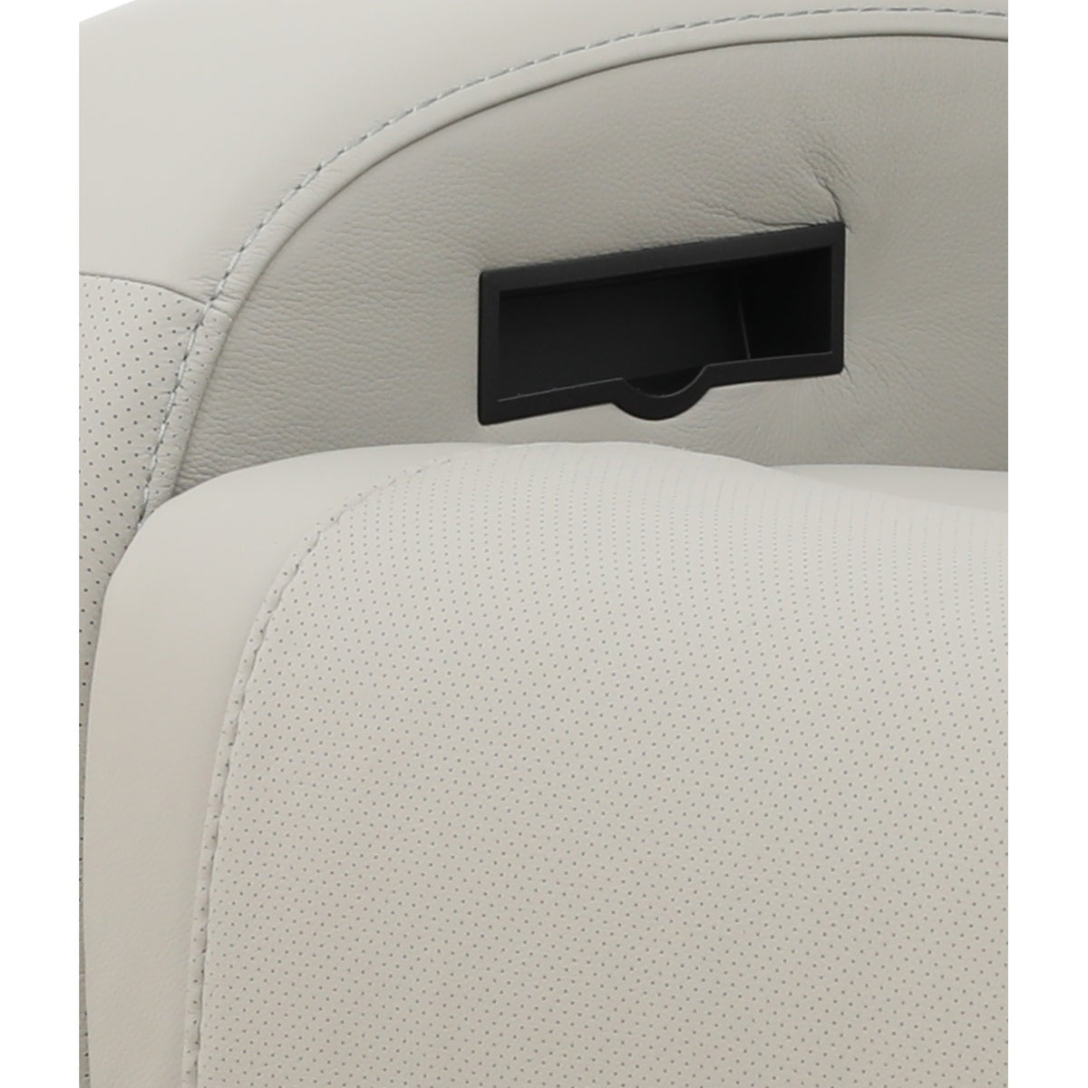 Leather power recliner side panel control switch on light upholstered arm