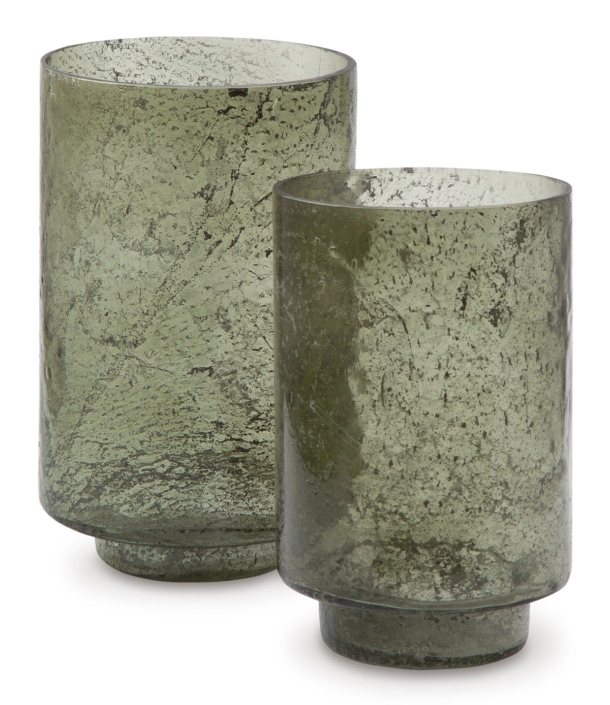 Set of 2 green speckled glass candle holders with wide rims and open tops.