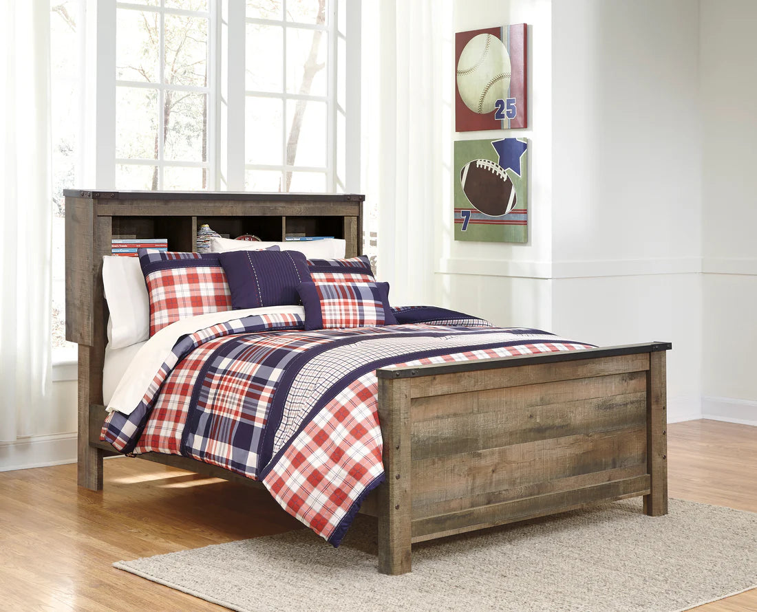 Full panel bookcase bed with rustic wood finish and layered red, navy, white plaid bedding