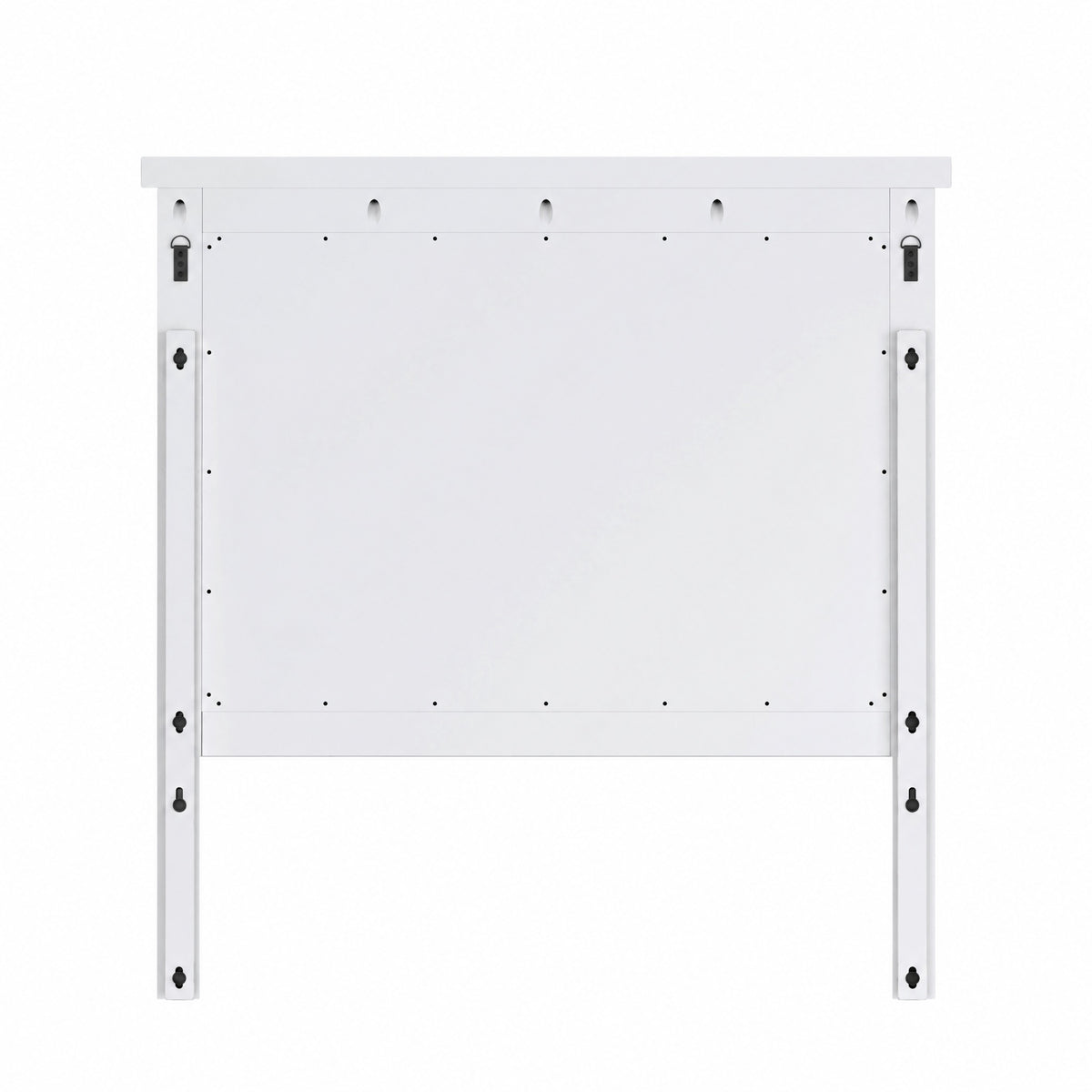 Back of white framed bedroom mirror with mounting brackets and wall hardware