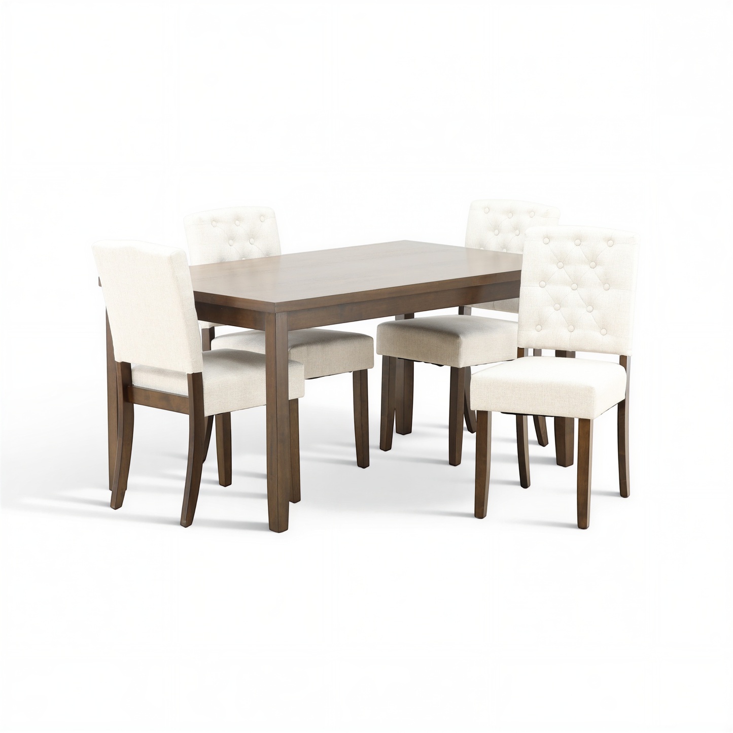 Rectangular dark wood dining table with five white tufted upholstered chairs