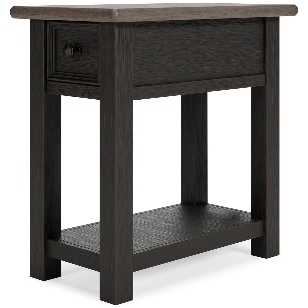 Dark wood end table with drawer front knob and lower open shelf, side angle