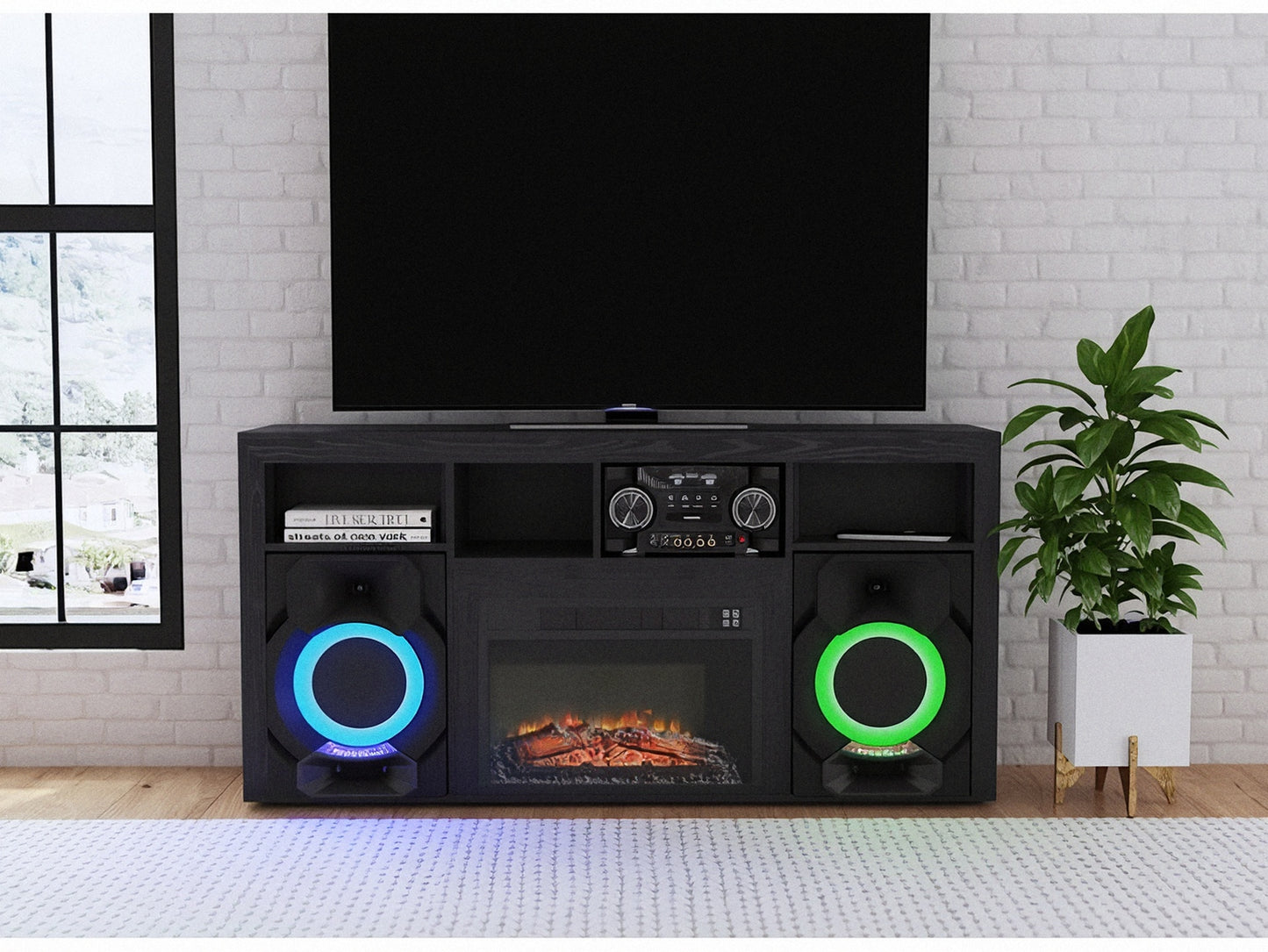 Sound fireplace console with two front speakers and blue and green LED ring lights