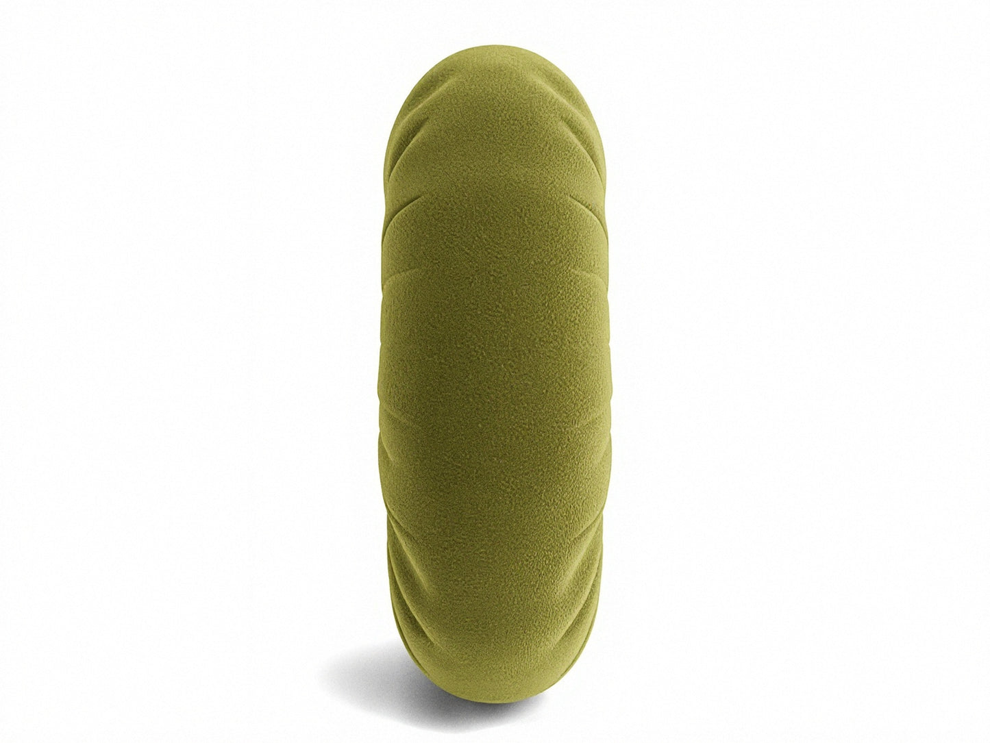 Olive green round pillow side view with smooth fabric cover