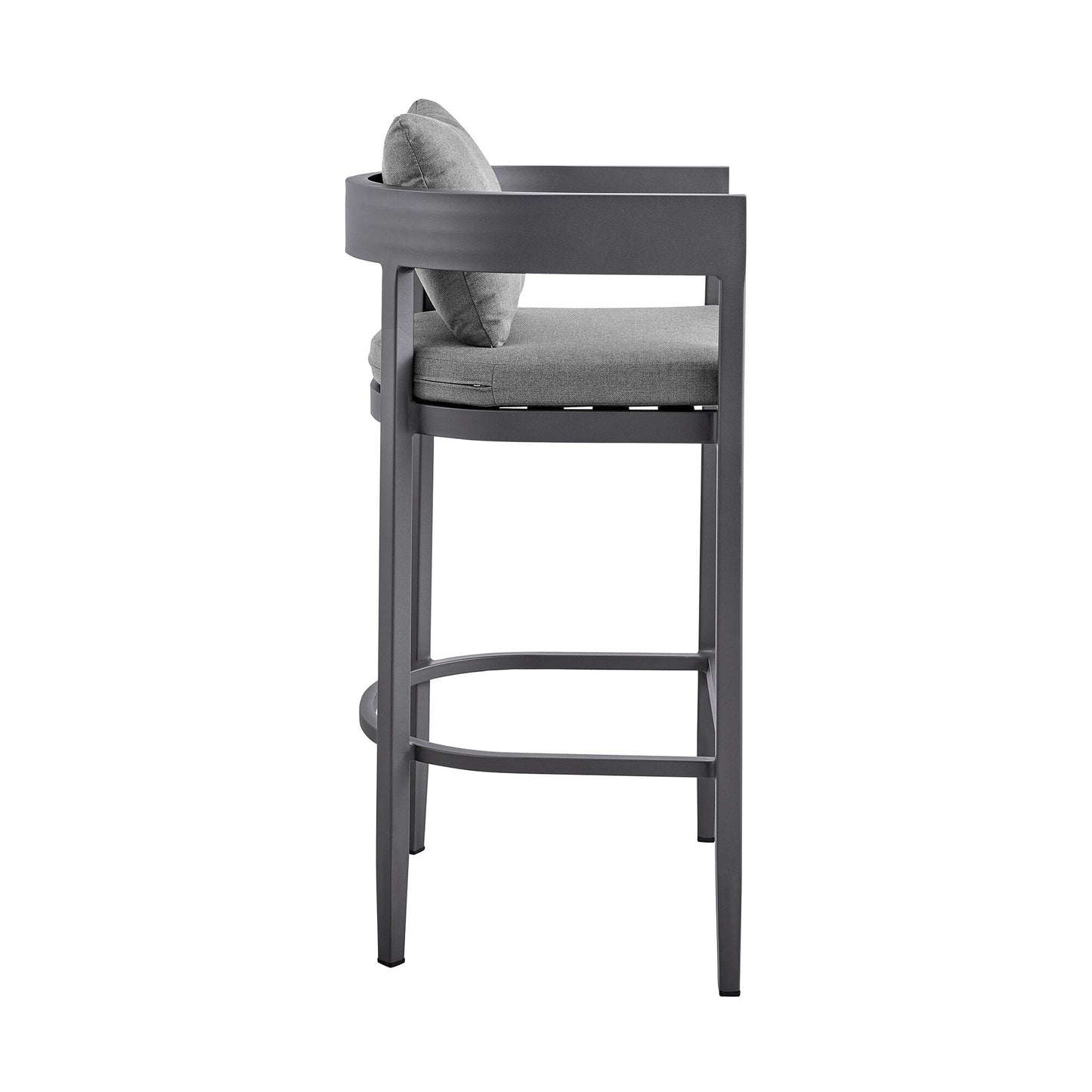 Argiope Outdoor Patio Counter Height Bar Stool in Aluminum with Gray Cushions