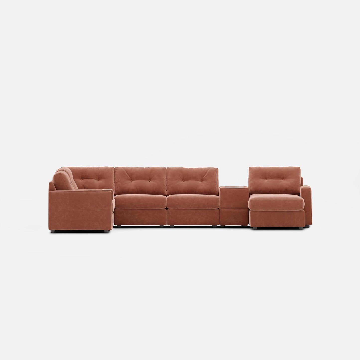Terracotta modular sectional sofa with rounded arms and plush seat cushions