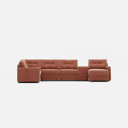 Terracotta modular sectional sofa with rounded arms and plush seat cushions