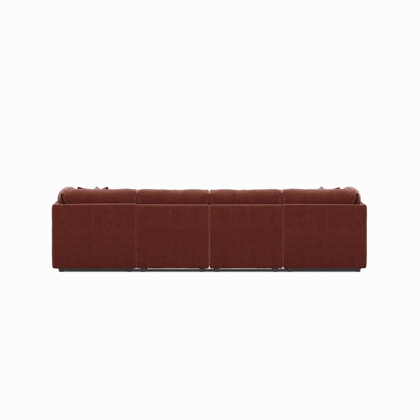 Dark red modular sectional sofa with padded seats, tufted cushions, straight back