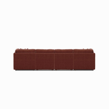 Dark red modular sectional sofa with padded seats, tufted cushions, straight back