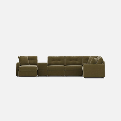 Olive modular sectional sofa with two arm chairs and right-side chaise