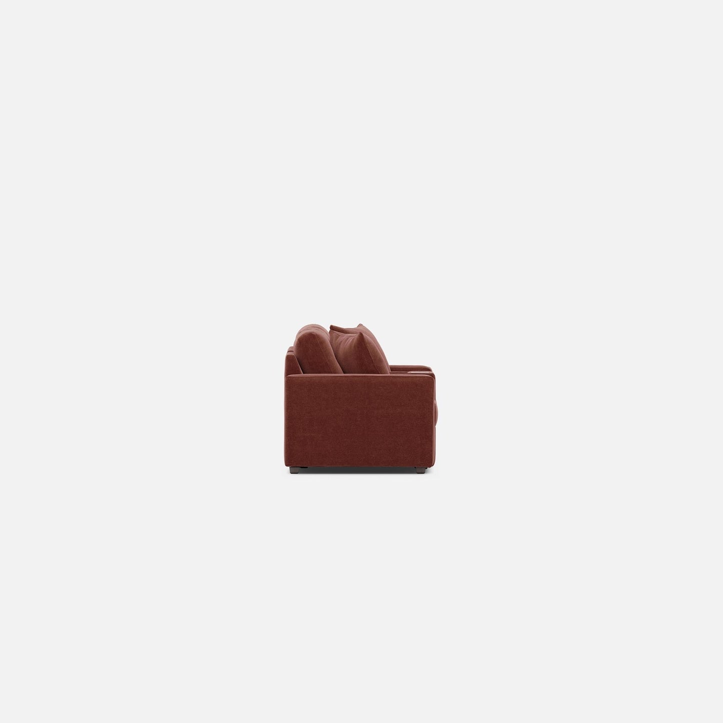 Modular 3-piece console loveseat corner unit with padded seat and two back pillows, dark red