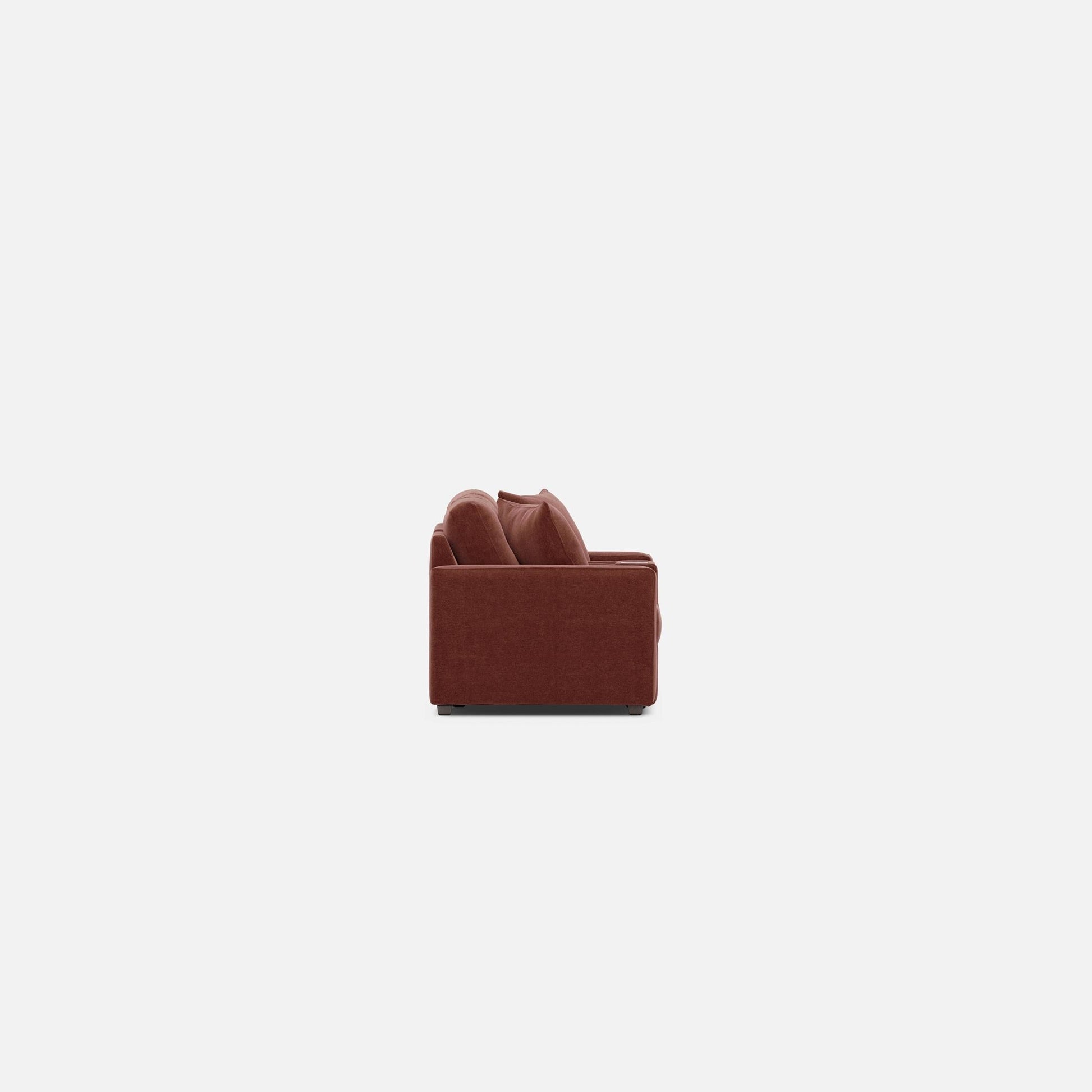 Modular 3-piece console loveseat corner unit with padded seat and two back pillows, dark red