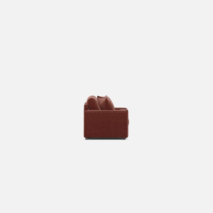 Modular 3-piece console loveseat corner unit with padded seat and two back pillows, dark red
