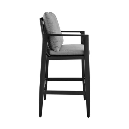 Grand Outdoor Patio Counter Height Bar Stool in Aluminum with Gray Cushions