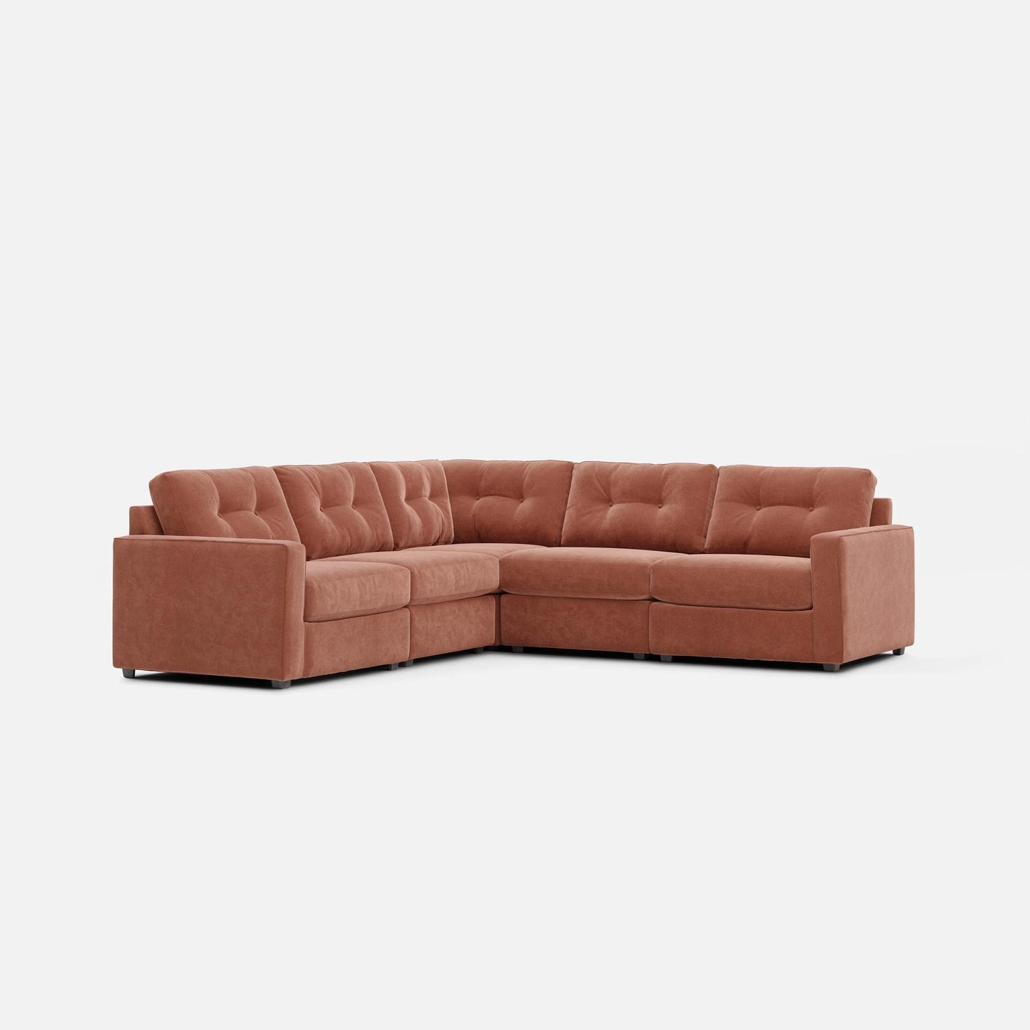Terracotta 5-piece modular L-shaped sectional sofa with deep tufted upholstery