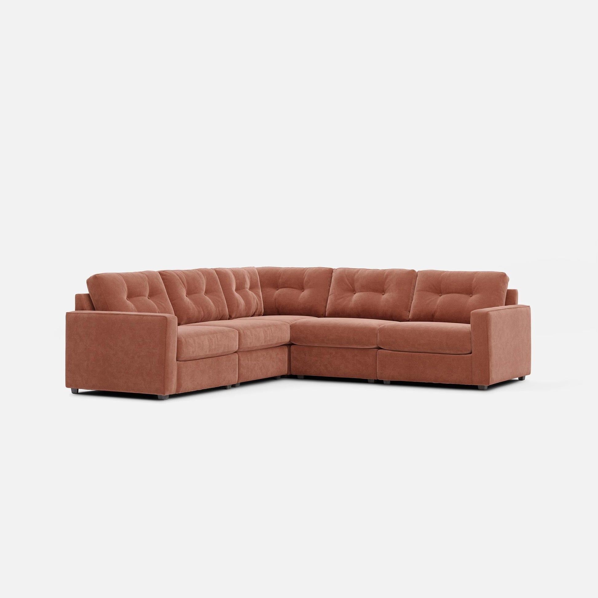 Terracotta 5-piece modular L-shaped sectional sofa with deep tufted upholstery