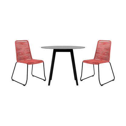 Sydney and Shasta 3 Piece Outdoor Patio 36" Dining Set in Black Eucalyptus Wood and Brick Red Rope