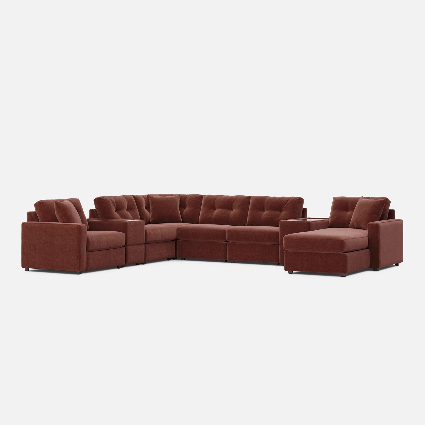 Reddish-brown modular sectional sofa with corner chaise and multiple ottoman seats