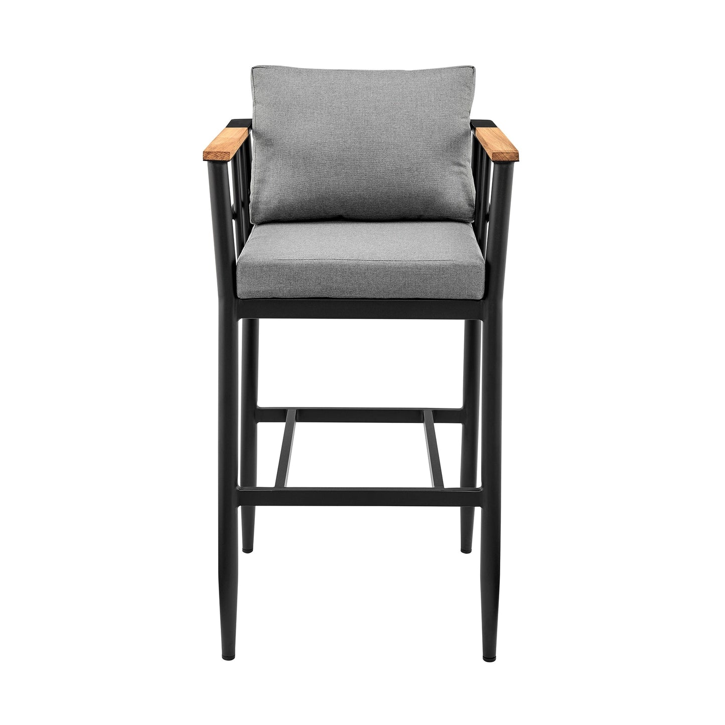 Wiglaf Outdoor Patio Bar Stool in Aluminum and Teak with Gray Cushions