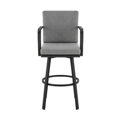 Don 30" Outdoor Patio Swivel Bar Stool in Black Aluminum with Grey Cushions