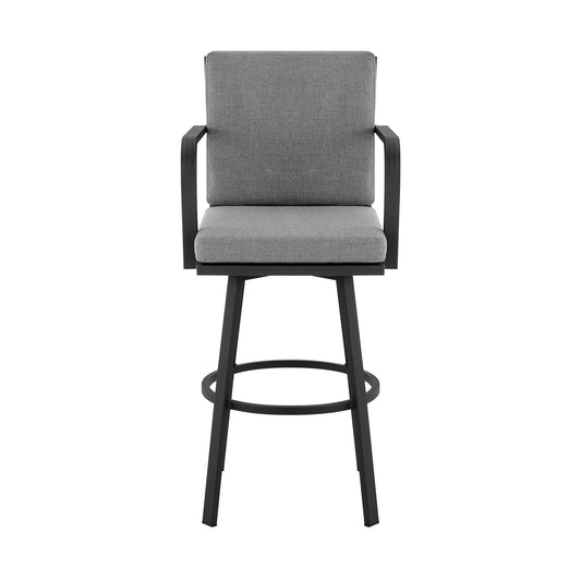 Don 30" Outdoor Patio Swivel Bar Stool in Black Aluminum with Grey Cushions