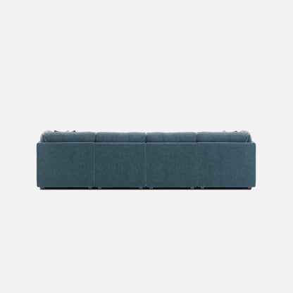 Teal modular sectional sofa with long bench seating and tufted cushion back