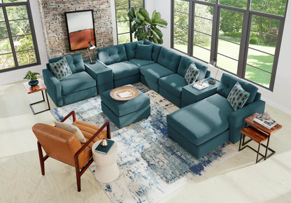 Teal modular sectional sofa with corner chaise and cushioned ottoman seats
