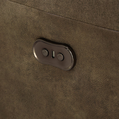 Dark brown loveseat arm control panel with two buttons on oval housing
