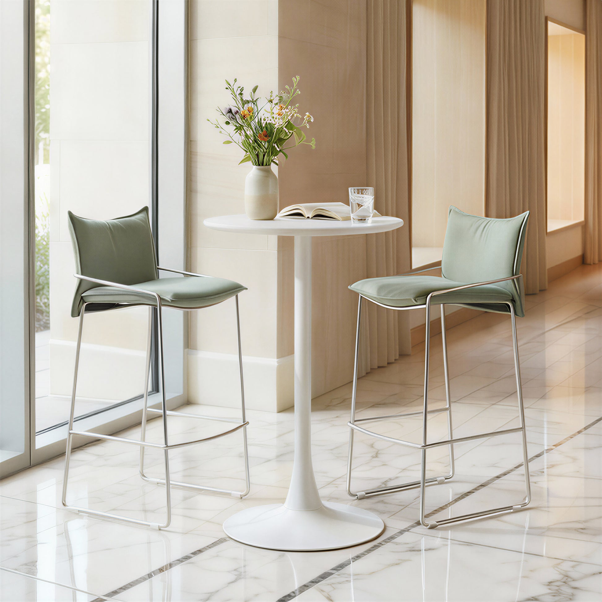 White round bar table with flared pedestal base
