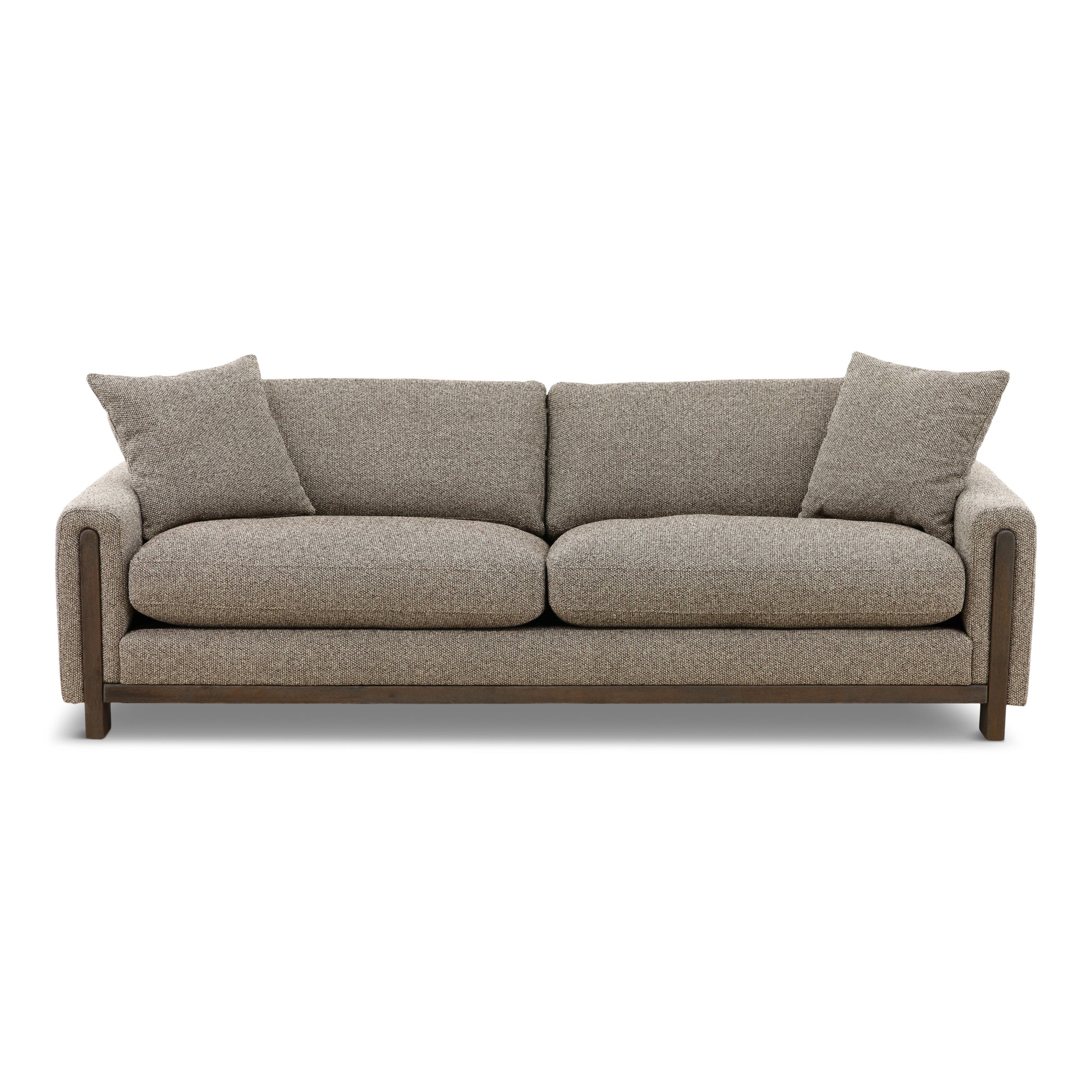 Gray fabric sofa with track arms, two seat cushions, and three back pillows.