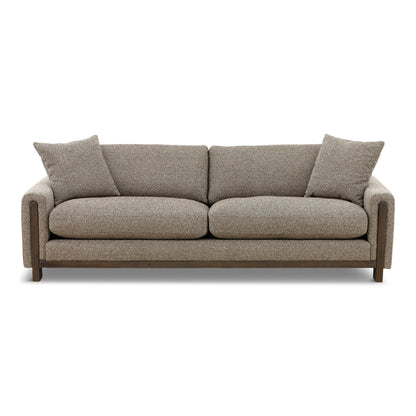Gray fabric sofa with track arms, two seat cushions, and three back pillows.