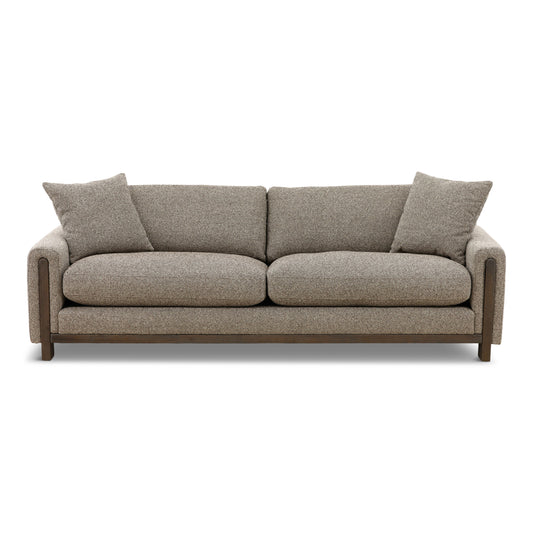 Gray fabric sofa with track arms, two seat cushions, and three back pillows.