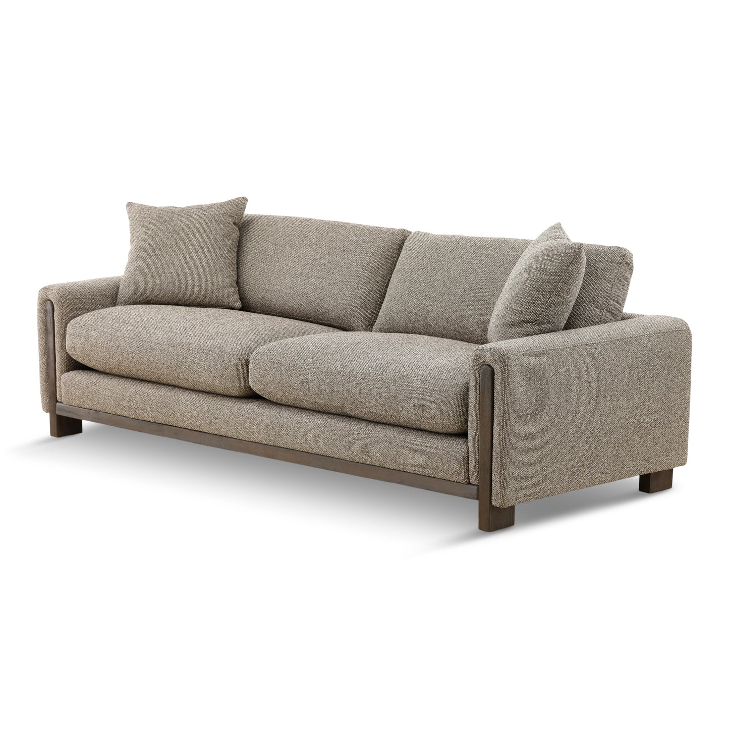 Gray fabric sofa with track arms, three back cushions, and dark wood legs.