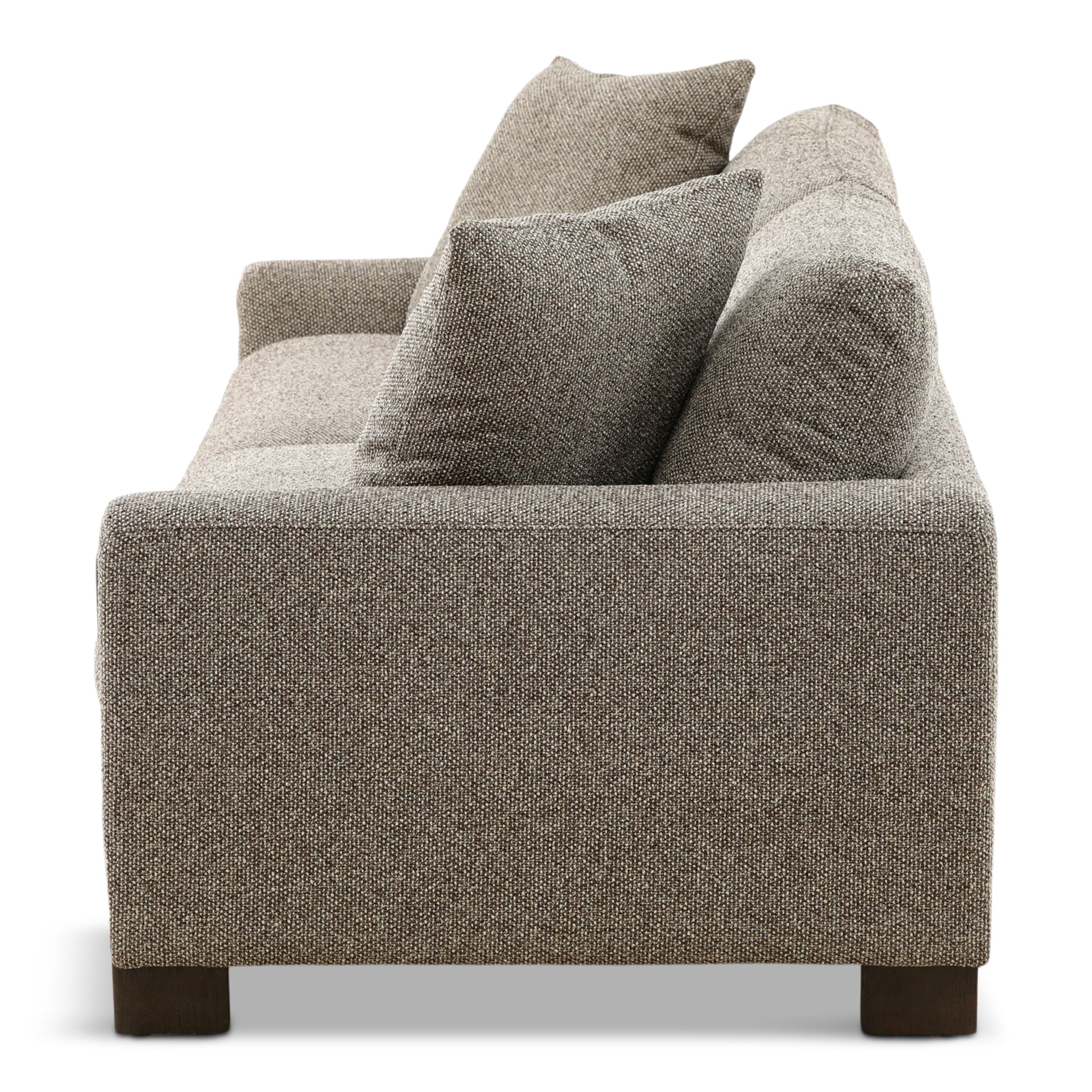 Gray fabric sofa back and seat with three cushions and dark wood legs.