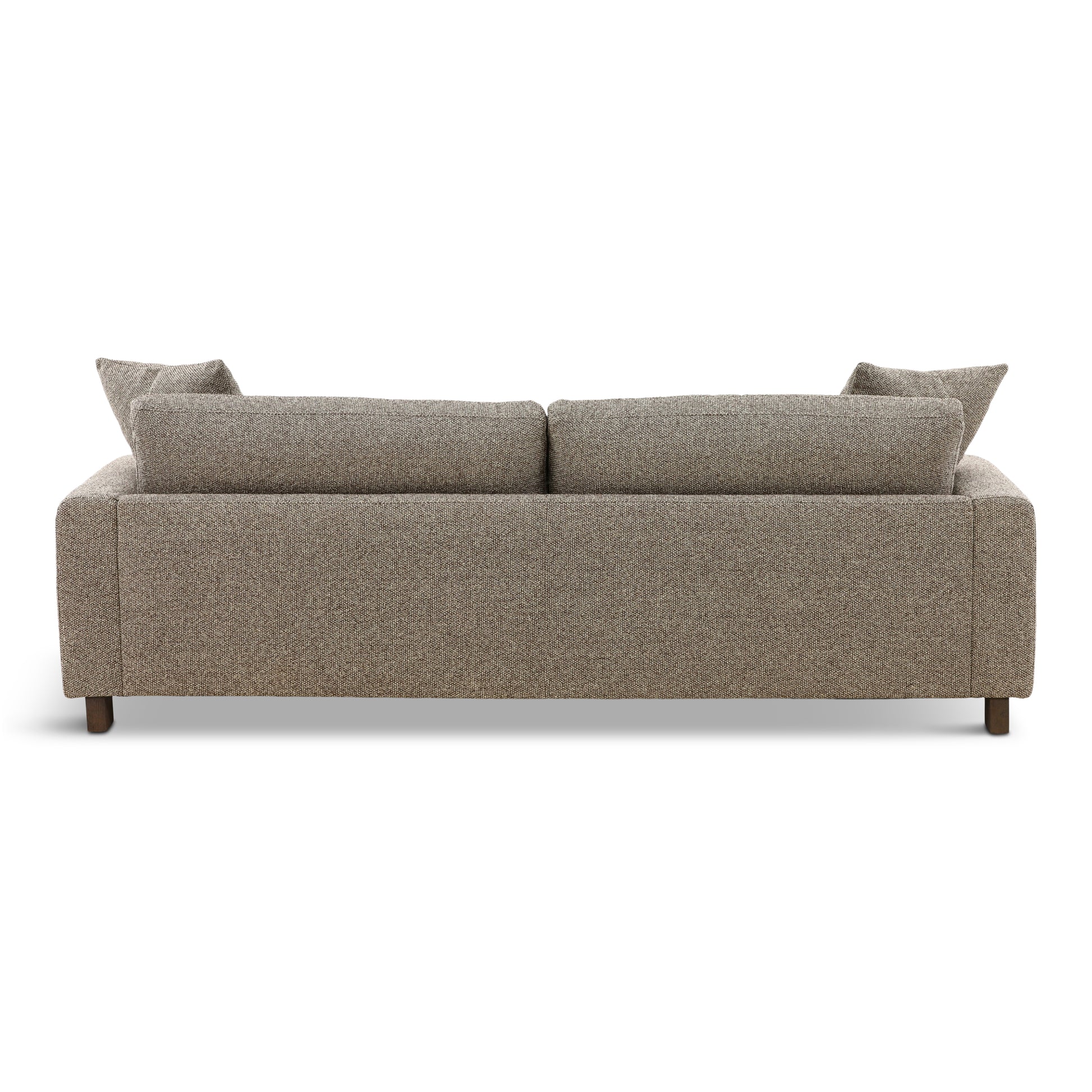 Gray fabric sofa with track arms, three back pillows, and simple wooden legs.