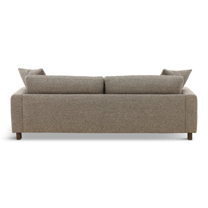Gray fabric sofa with track arms, three back pillows, and simple wooden legs.