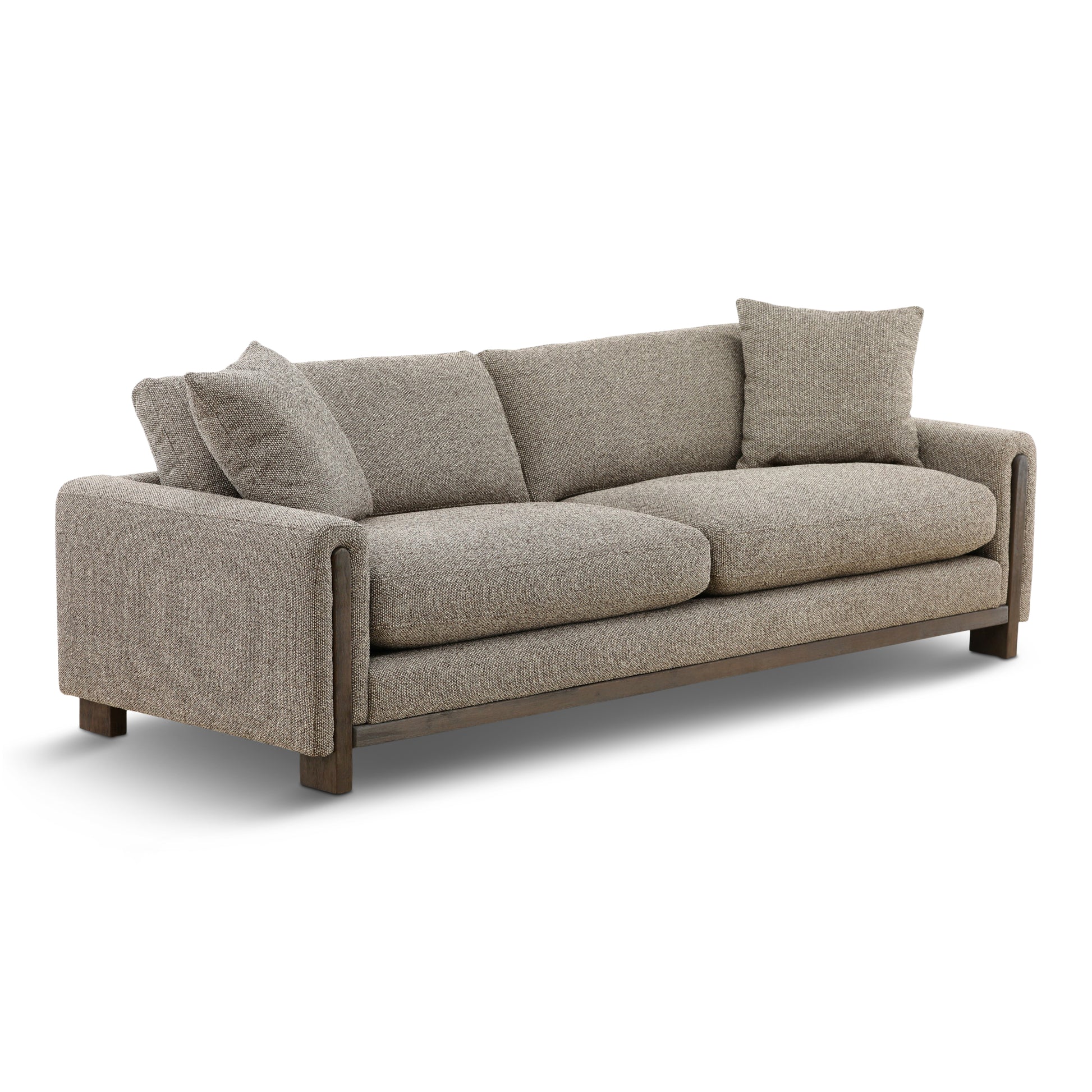 Gray fabric sofa with wide arms and three back pillows, angled side view.