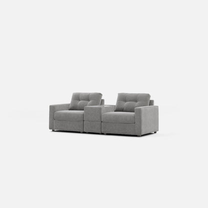 Gray modular console loveseat with three cushioned sections and square arms